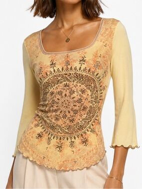 Fang LS T-shirt Painted Botanical Graphics Mandala Boho Y2K Yellow Brown M/L